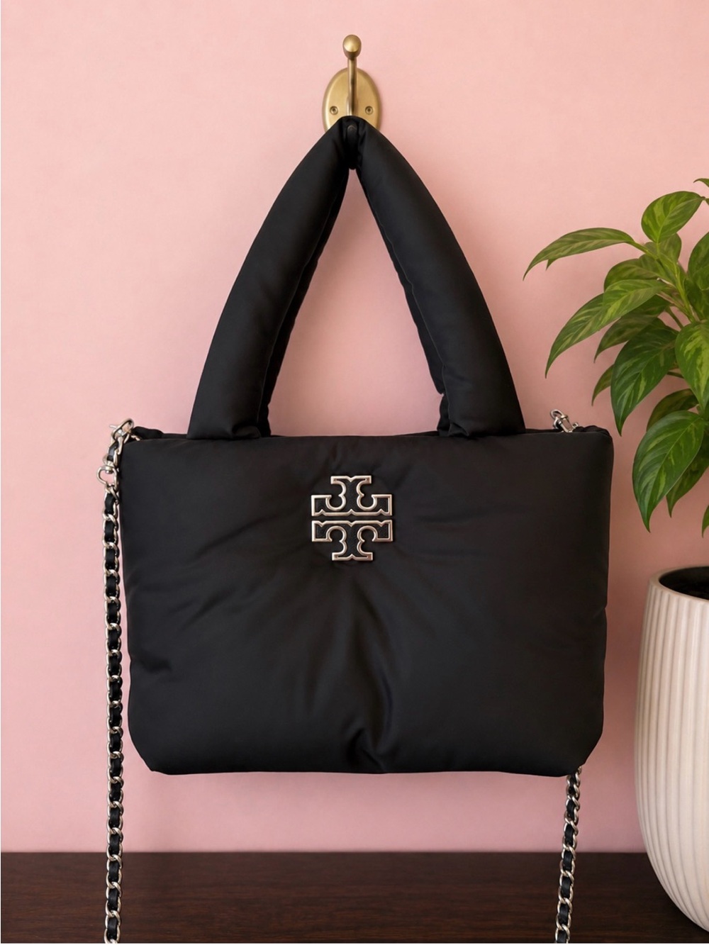 Tory Burch Black Quilted Puffer Mini Tote with Detachable Chain Strap